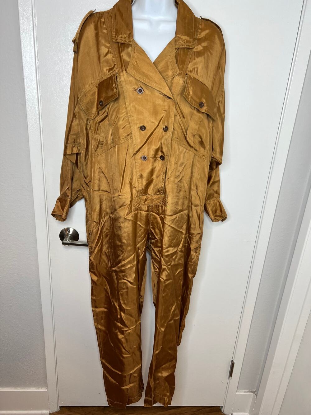 VTG 8 10 EO.M. Women's Double Breasted Rayon Jumpsuit Bronze ~ Size S